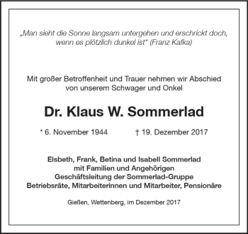 Traueranzeige von Klaus W. Sommerlad von  Gießener Anzeiger
