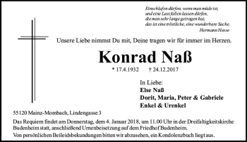 Traueranzeige von Konrad Naß von Trauerportal Rhein Main Presse