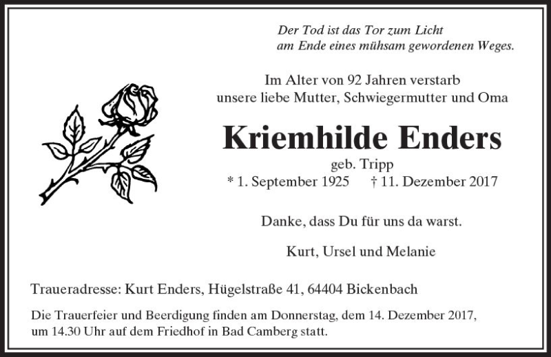  Traueranzeige für Kriemhilde Enders vom 14.12.2017 aus  Camberger Anzeiger