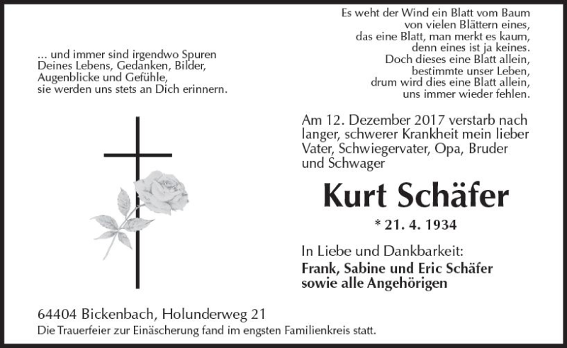  Traueranzeige für Kurt Schäfer vom 23.12.2017 aus Trauerportal Echo Online
