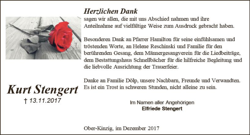  Traueranzeige für Kurt Stengert vom 23.12.2017 aus Trauerportal Echo Online