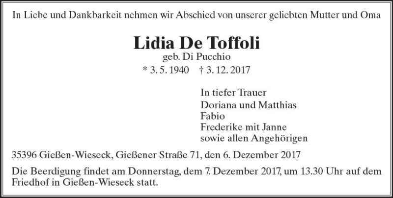  Traueranzeige für Lidia De Toffoli vom 06.12.2017 aus  Gießener Anzeiger