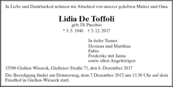 Traueranzeige von Lidia De Toffoli von  Gießener Anzeiger