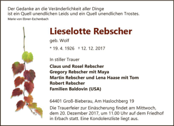 Traueranzeige von Lieselotte Rebscher von Trauerportal Echo Online