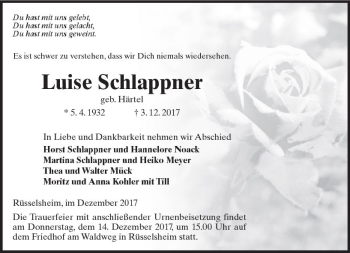 Traueranzeige von Luise Schlappner von Trauerportal Rhein Main Presse