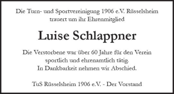 Traueranzeige von Luise Schlappner von Trauerportal Rhein Main Presse