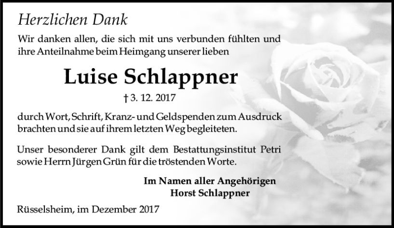  Traueranzeige für Luise Schlappner vom 23.12.2017 aus Trauerportal Rhein Main Presse