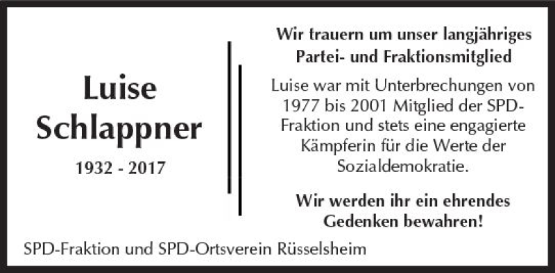  Traueranzeige für Luise Schlappner vom 12.12.2017 aus Trauerportal Rhein Main Presse