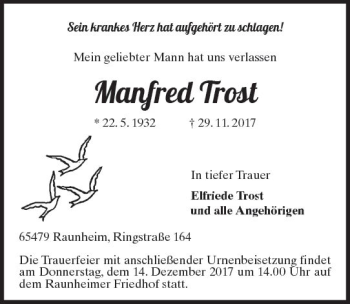 Traueranzeige von Manfred Trost von Trauerportal Rhein Main Presse
