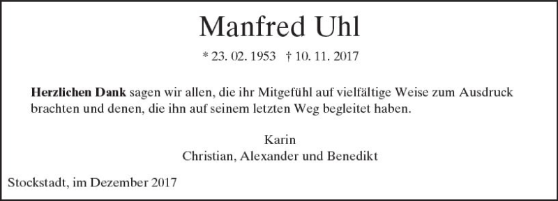  Traueranzeige für Manfred Uhl vom 09.12.2017 aus Trauerportal Echo Online