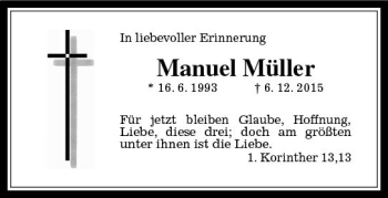 Traueranzeige von Manuel Müller von  Gießener Anzeiger