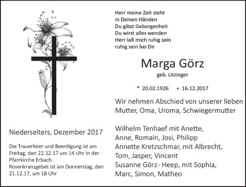  Traueranzeige für Marga Görz vom 21.12.2017 aus  Camberger Anzeiger