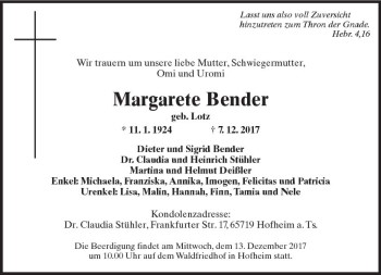 Traueranzeige von Margarete Bender von Trauerportal Rhein Main Presse