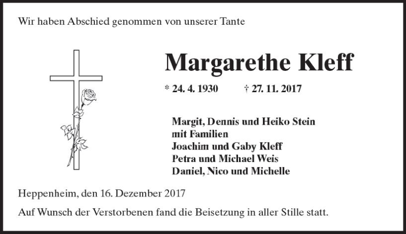  Traueranzeige für Margarete Kleff vom 16.12.2017 aus Trauerportal Echo Online