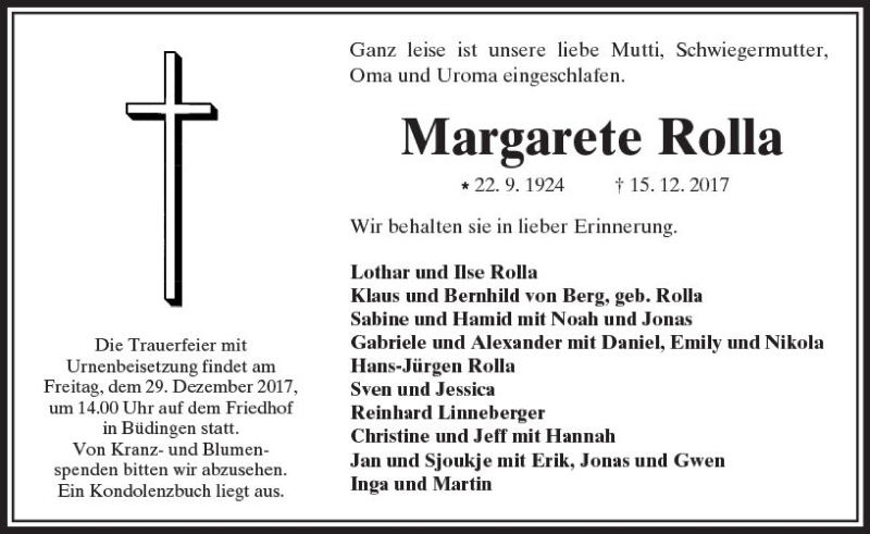  Traueranzeige für Margarete Rolla vom 23.12.2017 aus  Kreisanzeiger