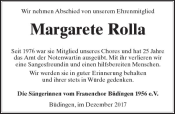 Traueranzeige von Margarete Rolla von  Kreisanzeiger