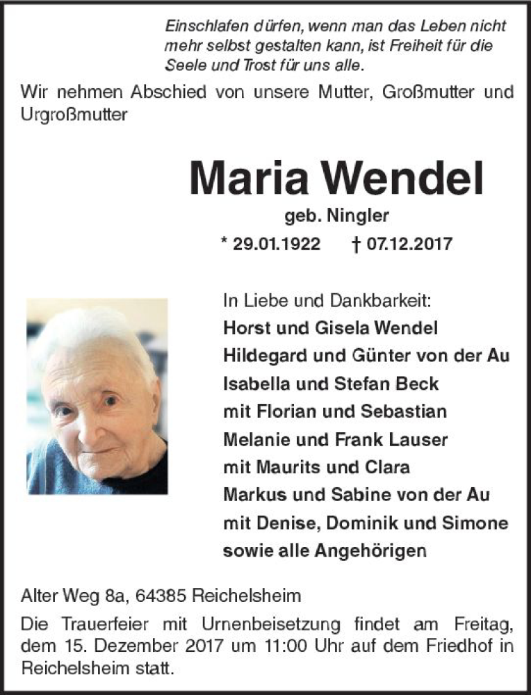  Traueranzeige für Maria Wendel vom 13.12.2017 aus Trauerportal Echo Online