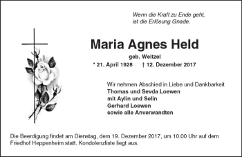 Traueranzeige von Maria Agnes Held von Trauerportal Echo Online