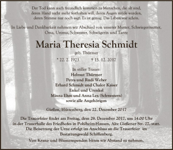Traueranzeige von Maria Theresia Schmidt von  Gießener Anzeiger