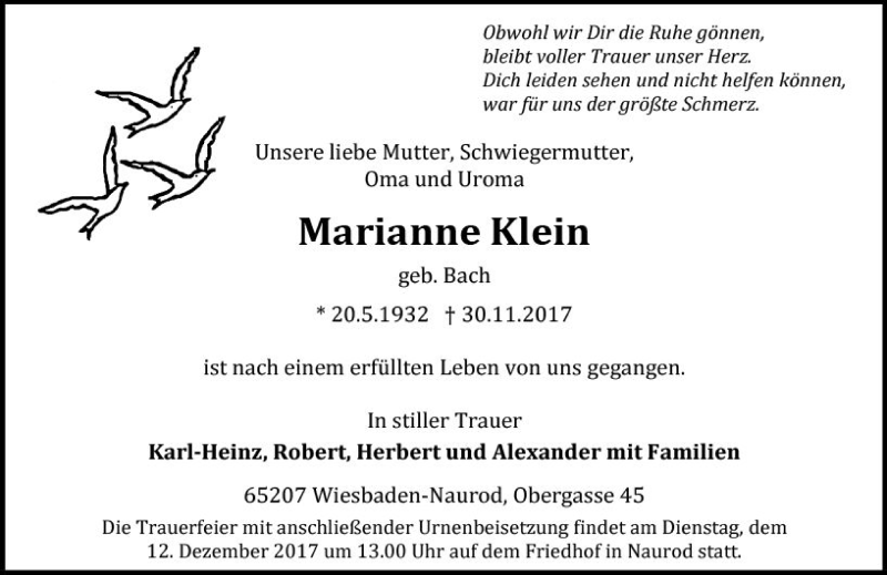  Traueranzeige für Marianne Klein vom 09.12.2017 aus Trauerportal Rhein Main Presse