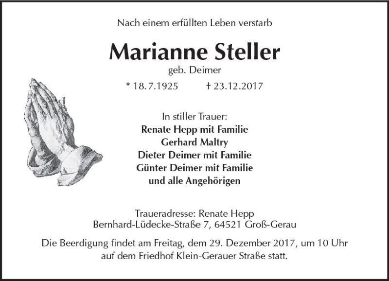  Traueranzeige für Marianne Steller vom 28.12.2017 aus Trauerportal Echo Online