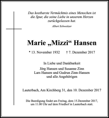 Traueranzeige von Marie Hansen von VRM Trauer