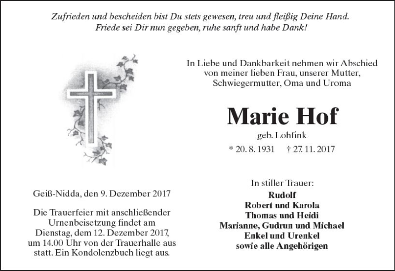  Traueranzeige für Marie Hof vom 09.12.2017 aus  Kreisanzeiger