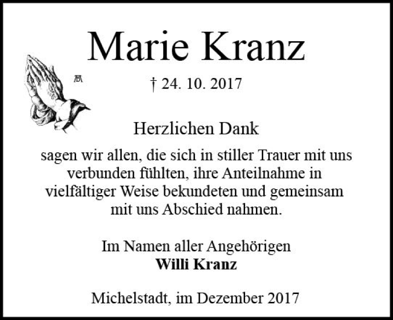  Traueranzeige für Marie Kranz vom 09.12.2017 aus Trauerportal Echo Online