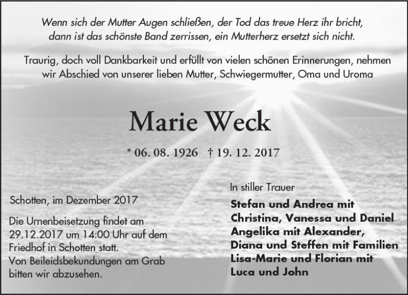  Traueranzeige für Marie Weck vom 23.12.2017 aus  Kreisanzeiger