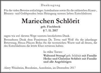 Traueranzeige von Mariechen Schlörit von Trauerportal Rhein Main Presse