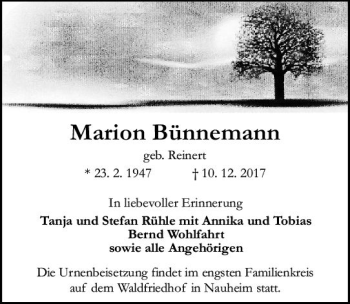 Traueranzeige von Marion Bünnemann von Trauerportal Rhein Main Presse