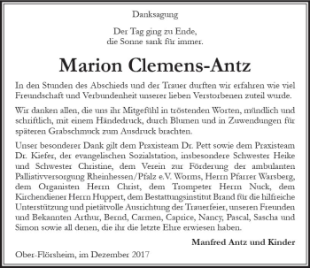 Traueranzeige von Marion Clemens-Antz von Trauerportal Rhein Main Presse