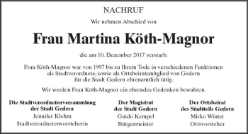 Traueranzeige von Martina Köth-Magnor von  Kreisanzeiger