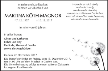 Traueranzeige von Martina Köth-Magnor von  Kreisanzeiger