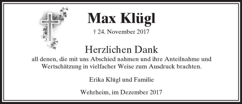  Traueranzeige für Max Klügl vom 15.12.2017 aus  Usinger Anzeiger