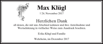 Traueranzeige von Max Klügl von  Usinger Anzeiger