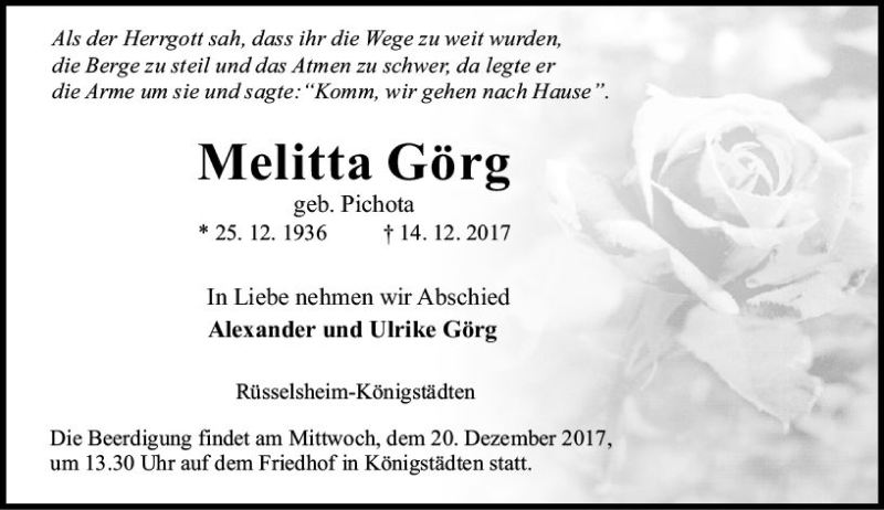  Traueranzeige für Melitta Görg vom 16.12.2017 aus Trauerportal Rhein Main Presse
