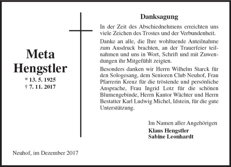  Traueranzeige für Meta Hengstler vom 02.12.2017 aus Trauerportal Rhein Main Presse
