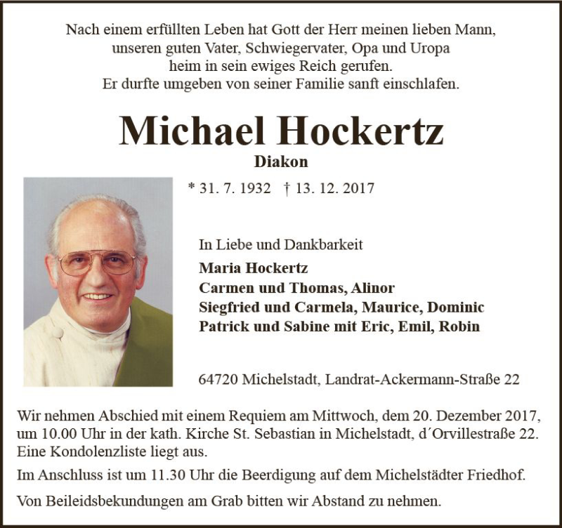  Traueranzeige für Michael Hockertz vom 16.12.2017 aus Trauerportal Echo Online