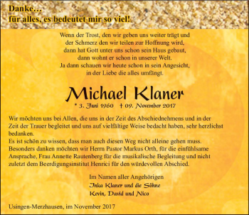 Traueranzeige von Michael Klaner von  Usinger Anzeiger