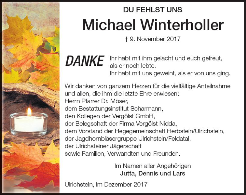  Traueranzeige für Michael Winterholler vom 30.12.2017 aus VRM Trauer