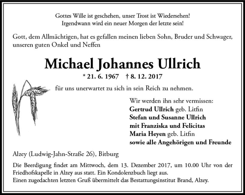  Traueranzeige für Michael Johannes Ullrich vom 11.12.2017 aus Trauerportal Rhein Main Presse
