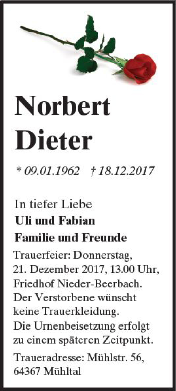 Traueranzeige von Norbert Dieter von Trauerportal Rhein Main Presse