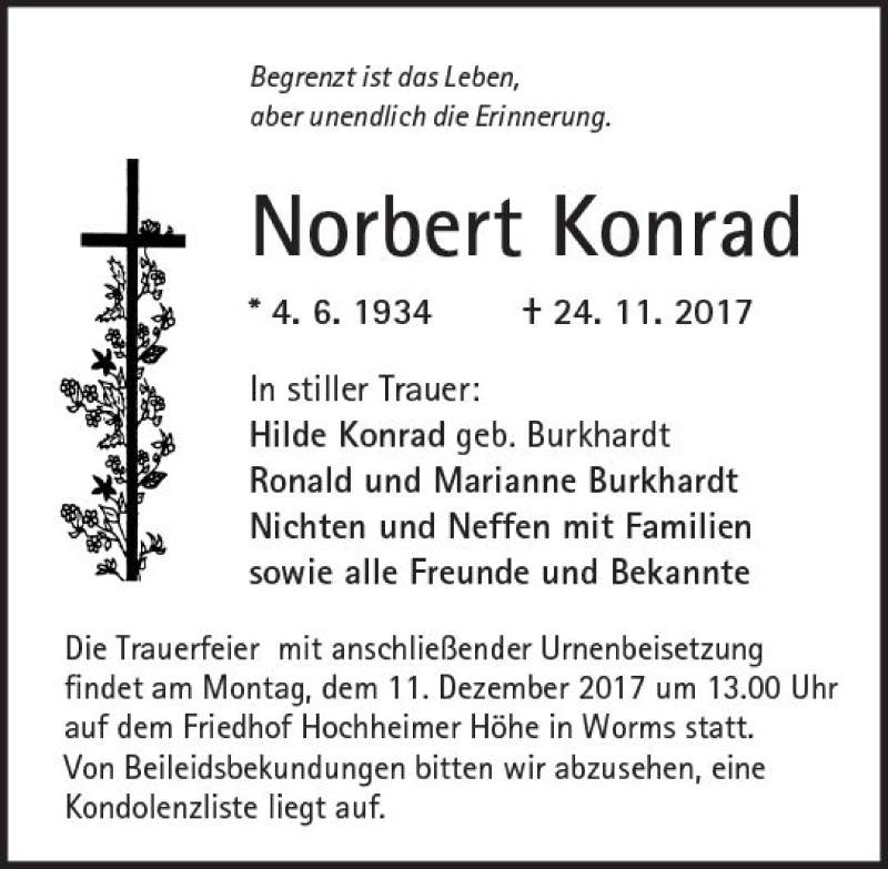  Traueranzeige für Norbert Konrad vom 08.12.2017 aus Trauerportal Rhein Main Presse