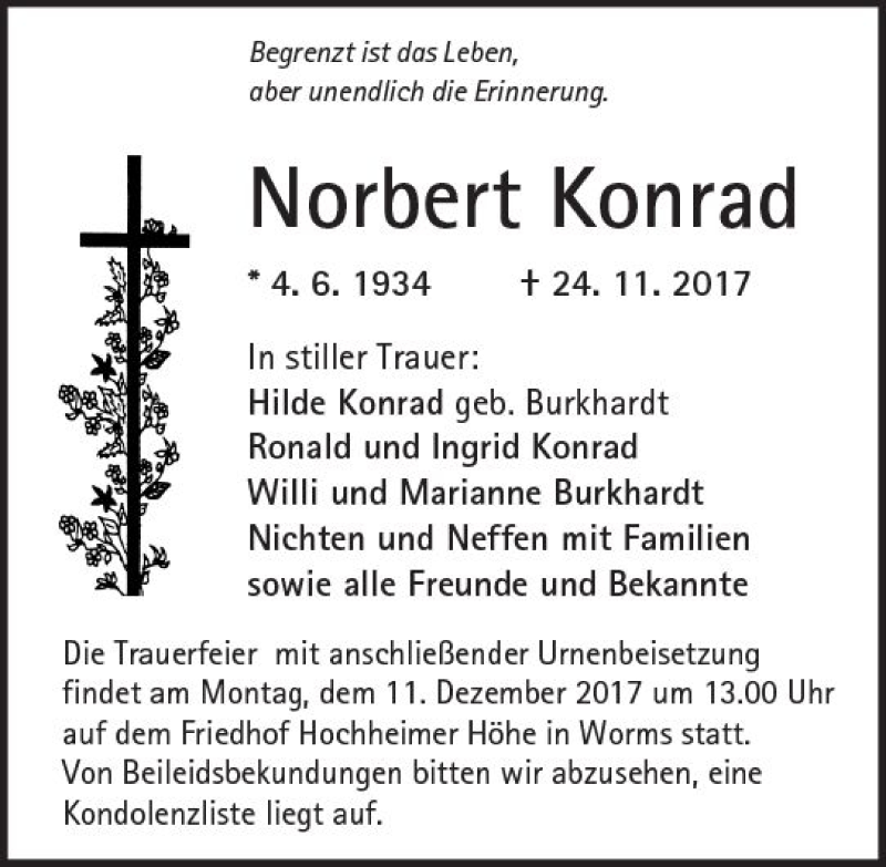  Traueranzeige für Norbert Konrad vom 09.12.2017 aus Trauerportal Rhein Main Presse