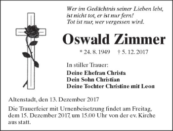 Traueranzeige von Oswald Zimmer von  Kreisanzeiger