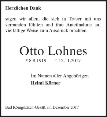 Traueranzeige von Otto Lohnes von Trauerportal Echo Online