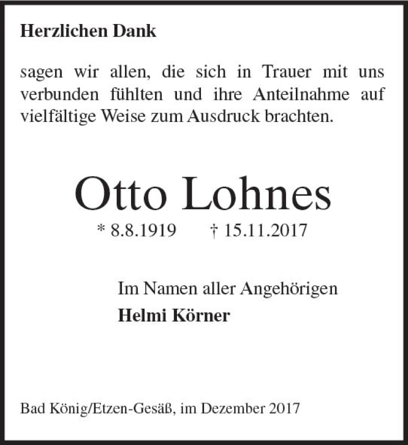  Traueranzeige für Otto Lohnes vom 06.12.2017 aus Trauerportal Echo Online