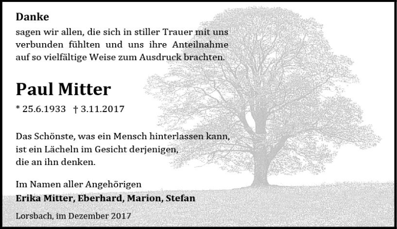  Traueranzeige für Paul Mitter vom 01.12.2017 aus Trauerportal Rhein Main Presse