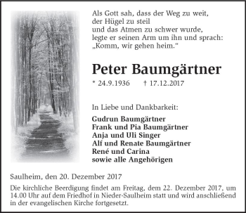 Traueranzeige von Peter Baumgärtner von Trauerportal Rhein Main Presse